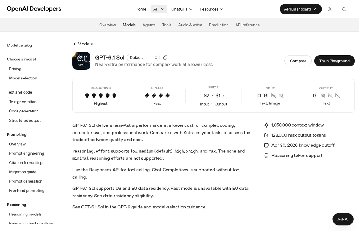 The OpenAI developers page for GPT-6.1 Sol