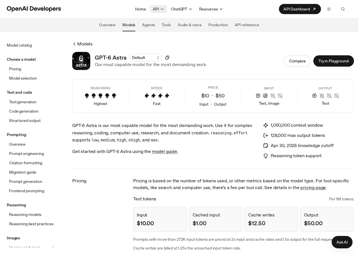 The OpenAI model page for GPT-6 Astra