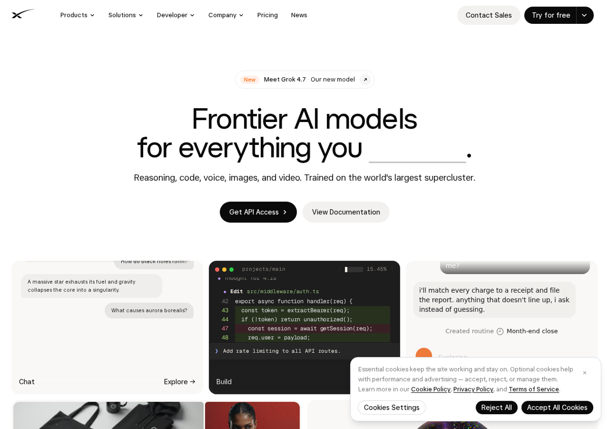 The xAI home page with Grok 4.7 announced