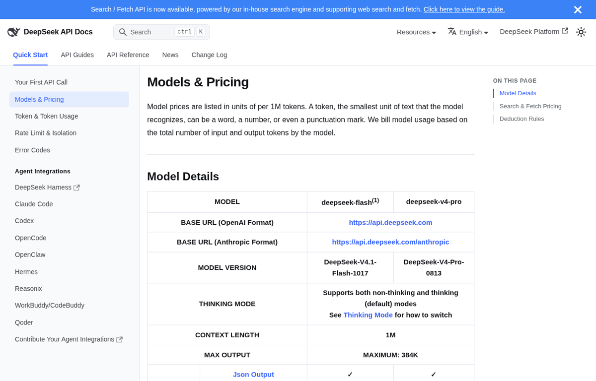 DeepSeek's own Models and Pricing page