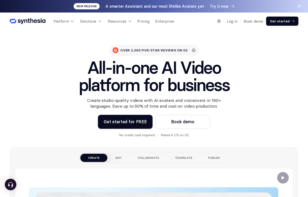 The Synthesia website, showing the AI video platform