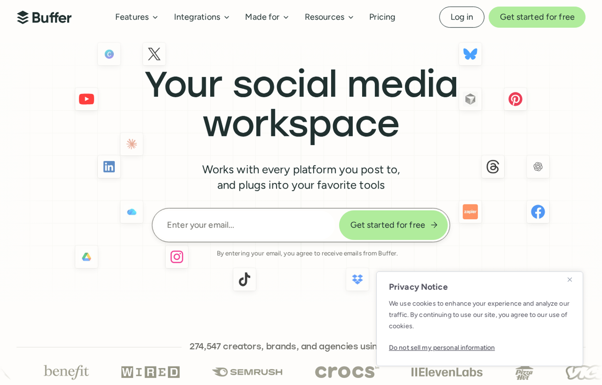 The Buffer website, showing the social media management platform