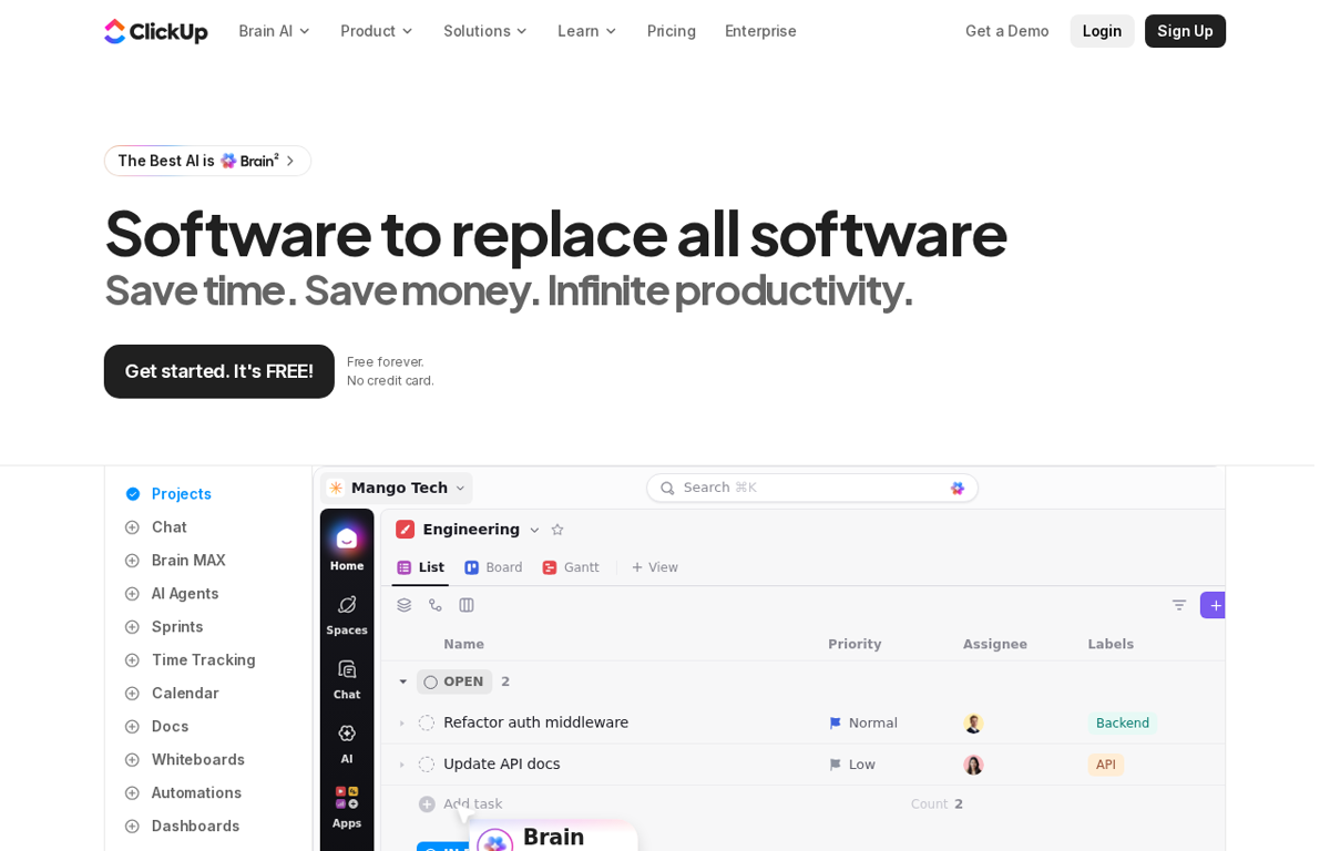 The ClickUp website, showing the work platform