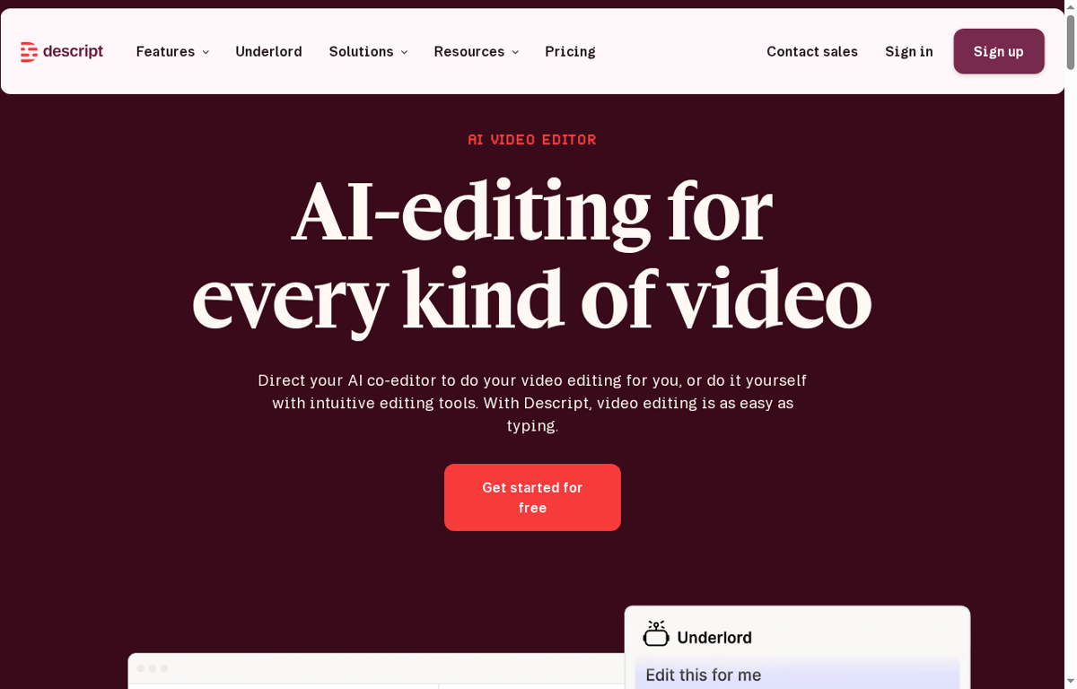 The Descript website, showing the AI video editor