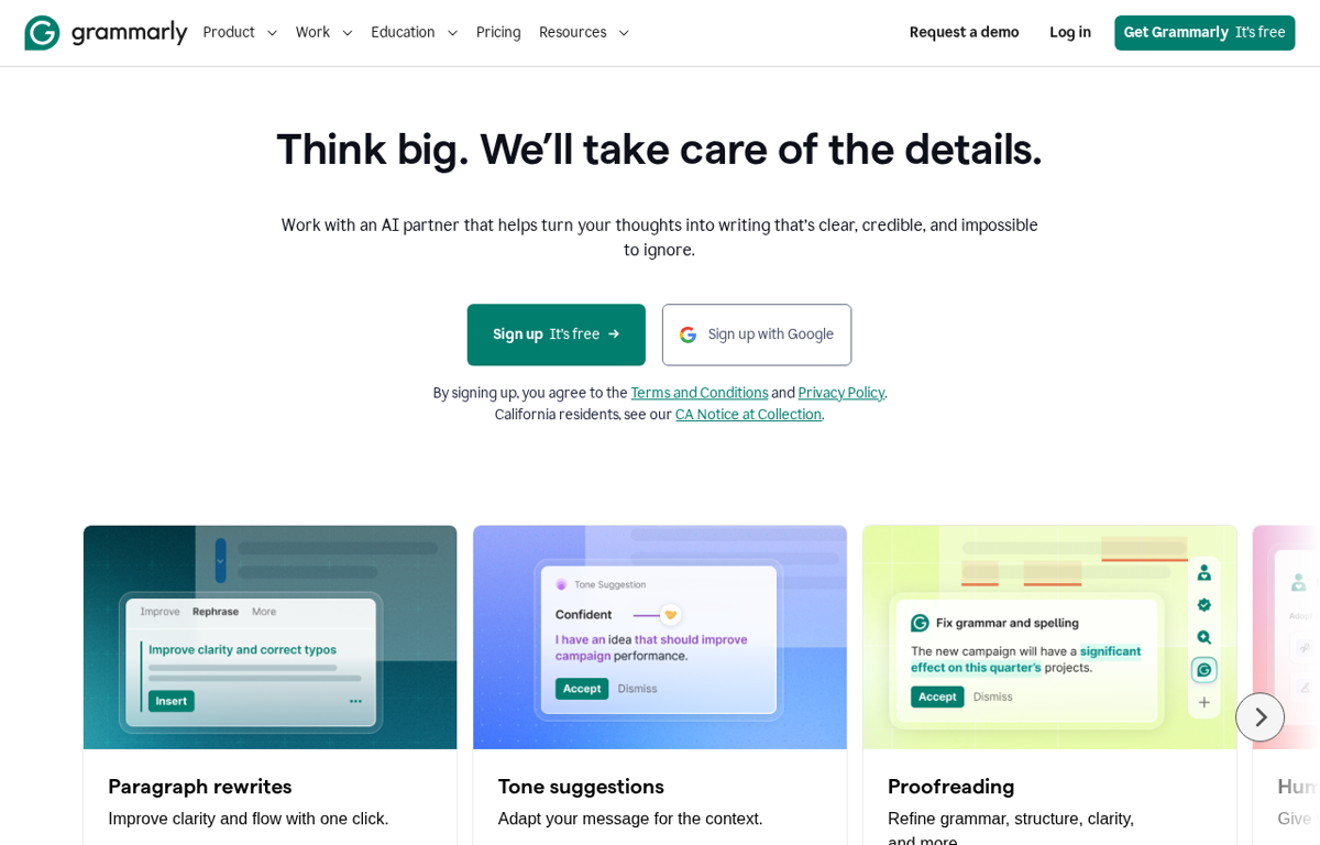 The Grammarly website, showing the AI writing assistant