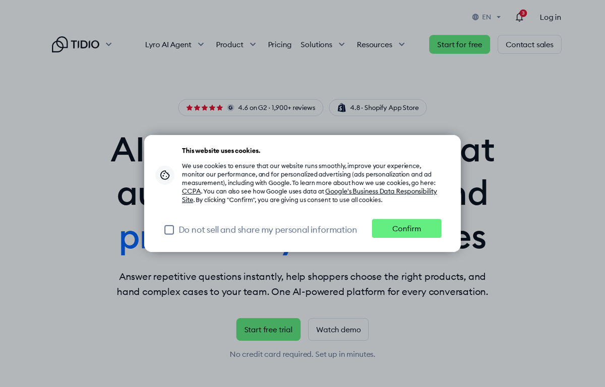 The Tidio website, showing the AI customer service platform