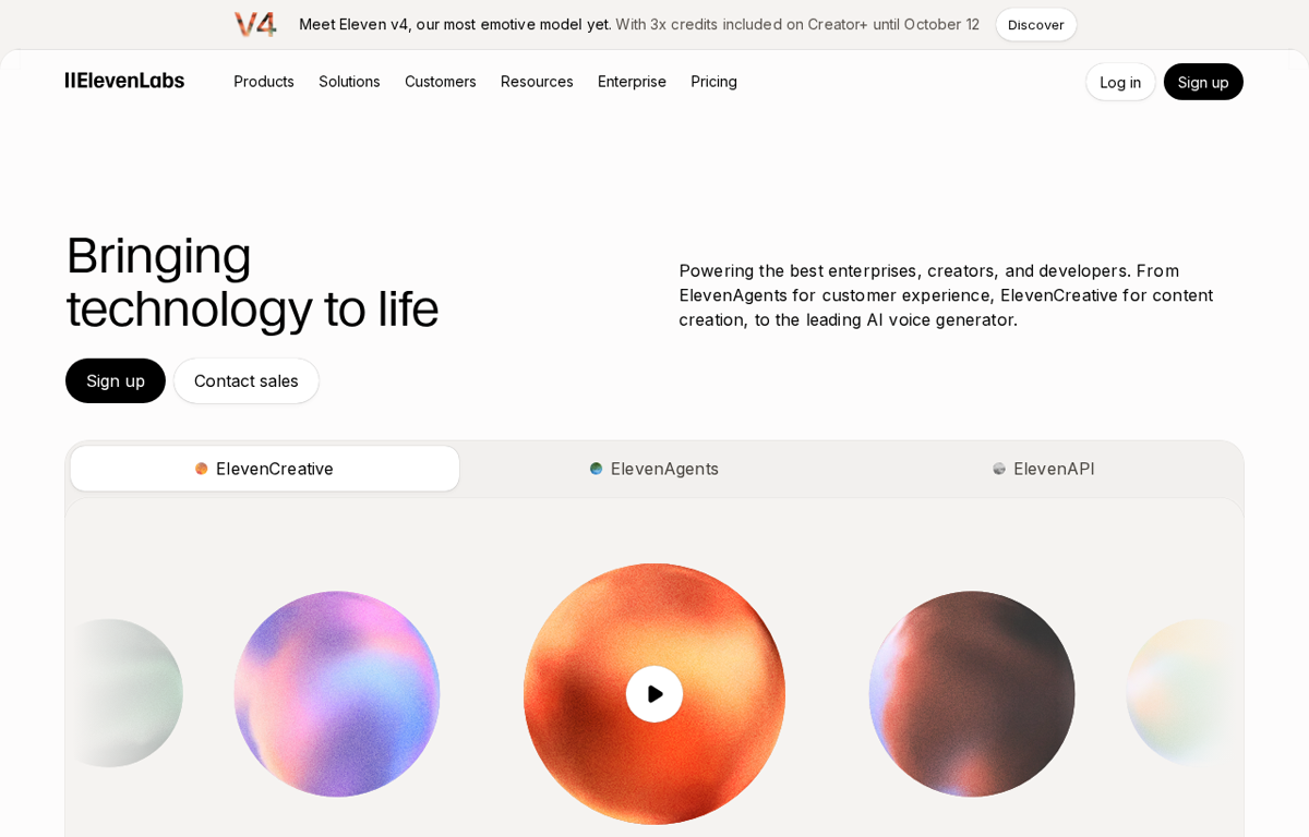 The ElevenLabs website showing the AI voice platform