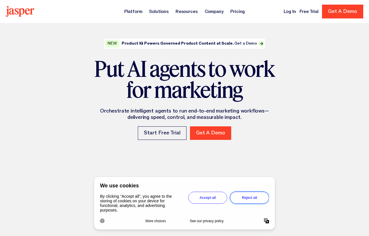 The Jasper website showing the AI marketing platform