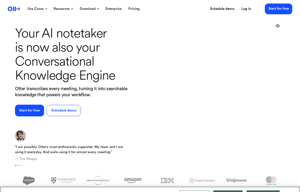 The Otter.ai website showing the AI meeting notetaker