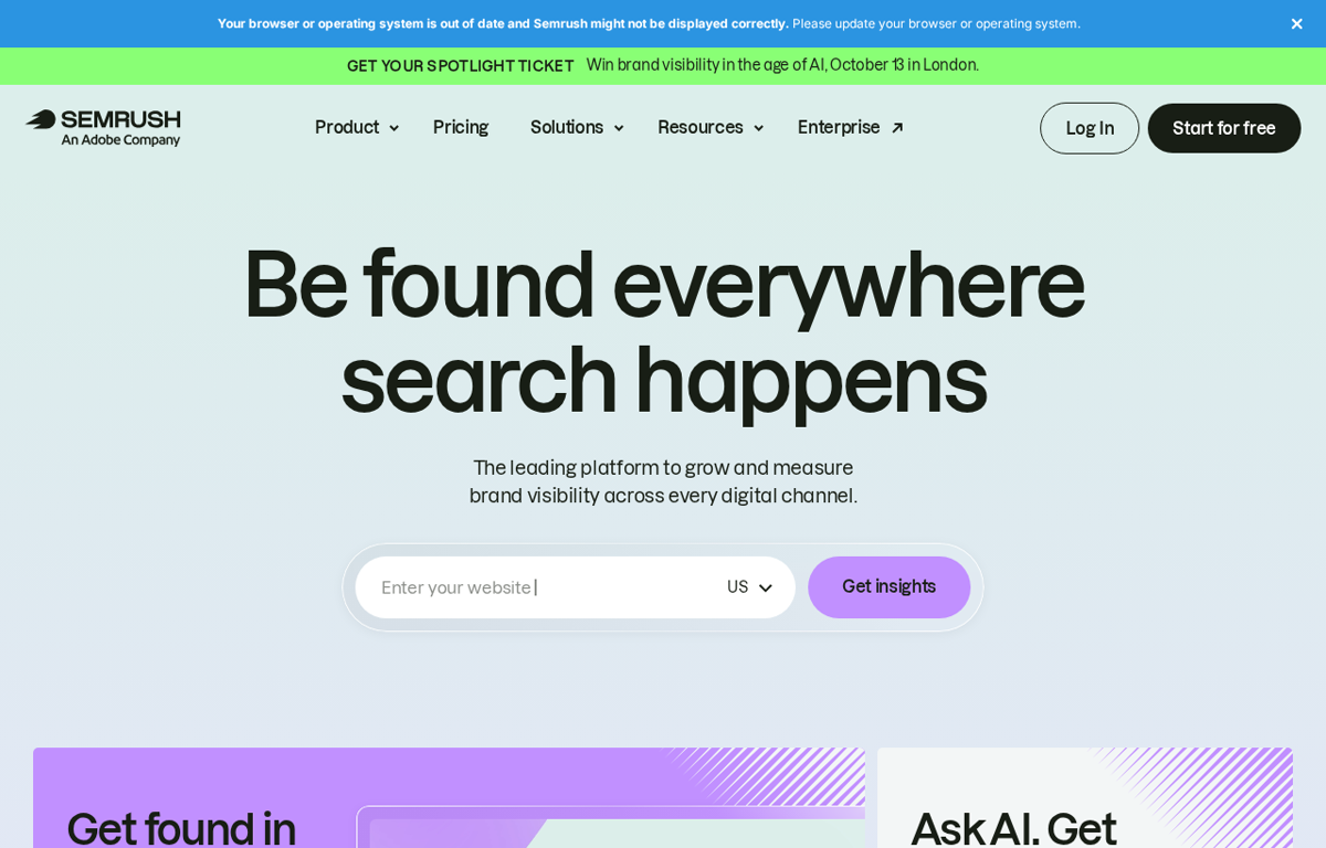 The Semrush website showing the search visibility platform