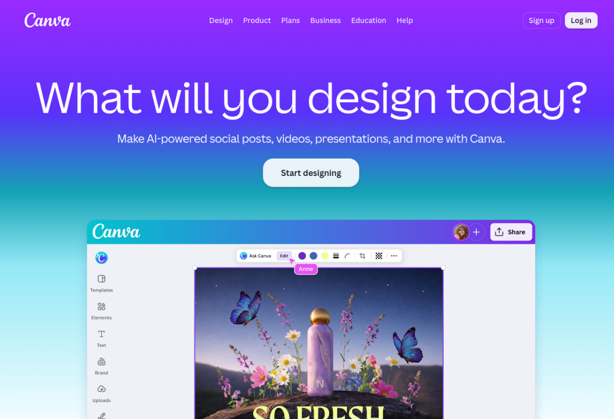The Canva website showing the visual design platform