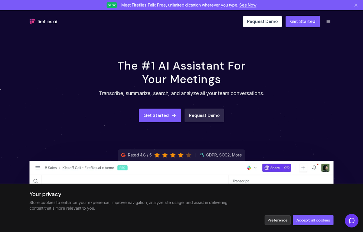 The Fireflies.ai website showing the AI meeting assistant