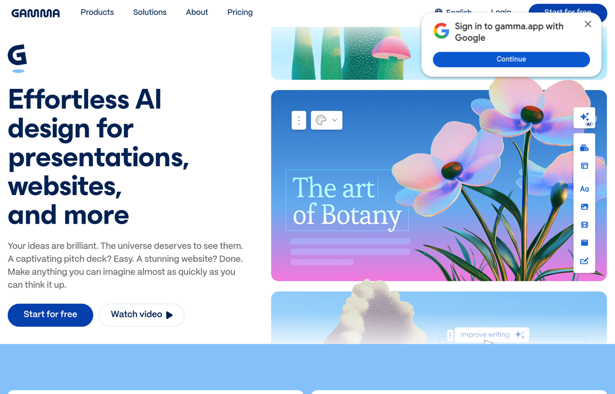 The Gamma website showing the AI design tool