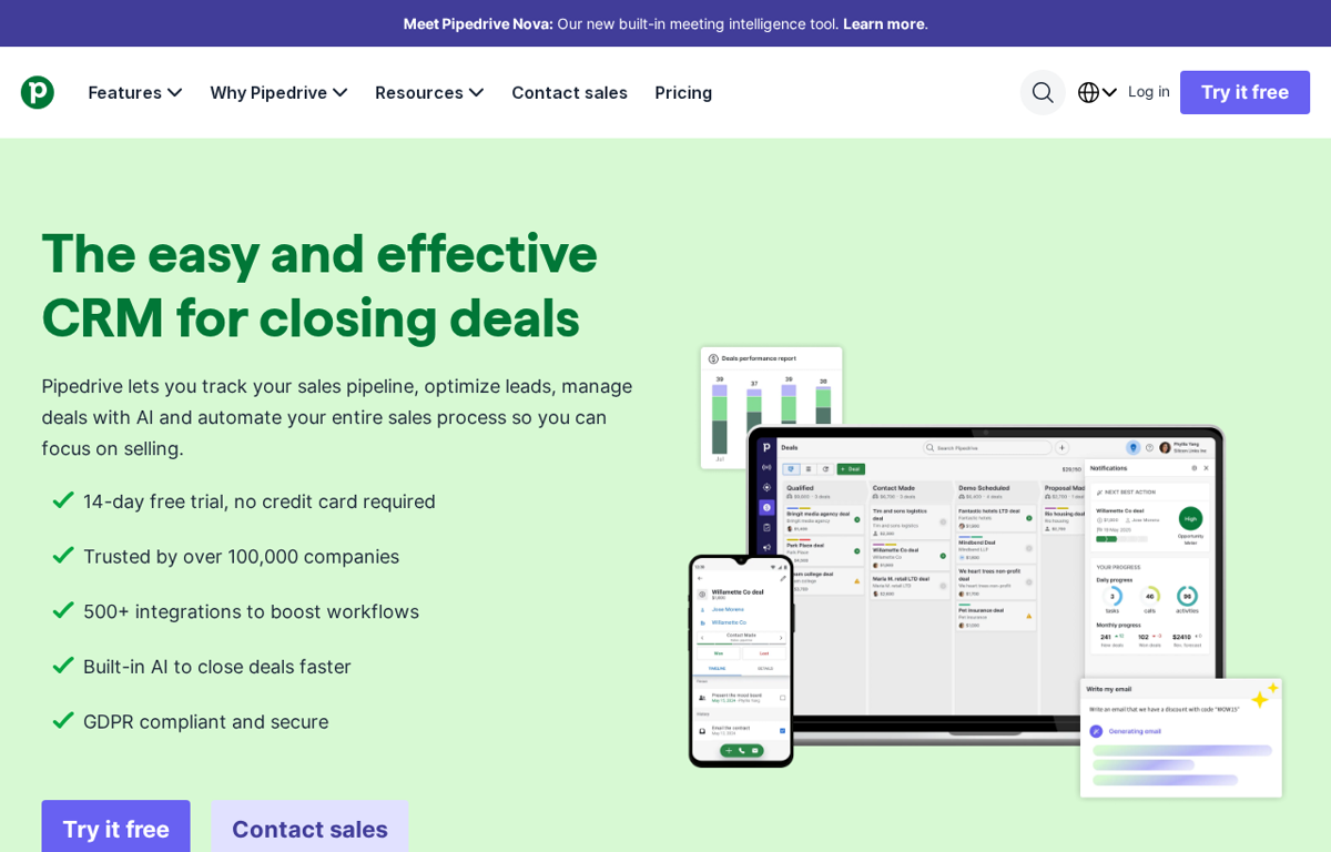 The Pipedrive website showing the sales CRM