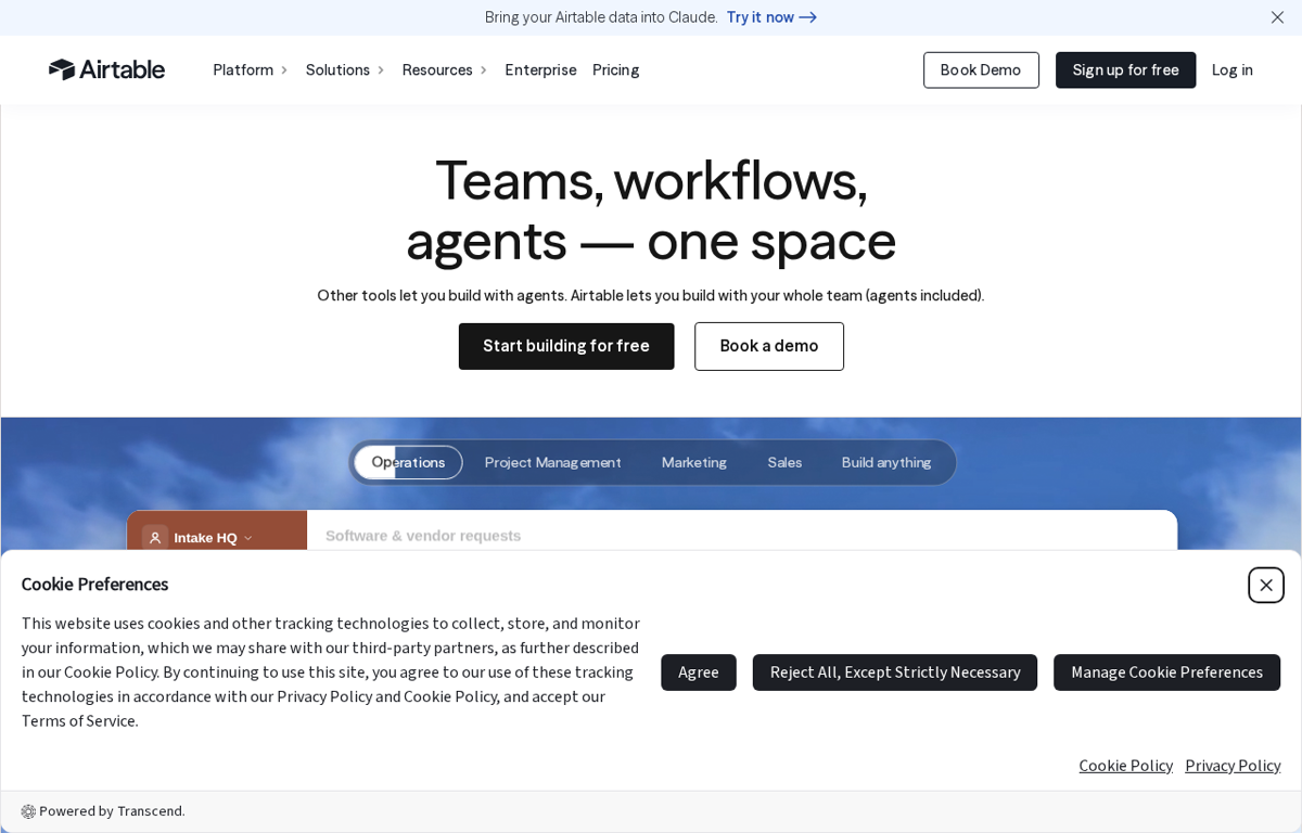 The Airtable website showing the no code database