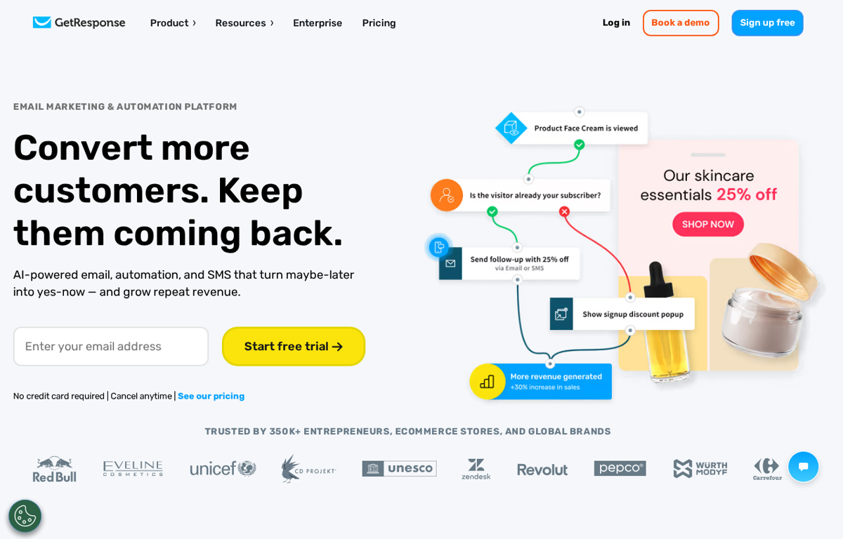 The GetResponse website showing the email marketing platform