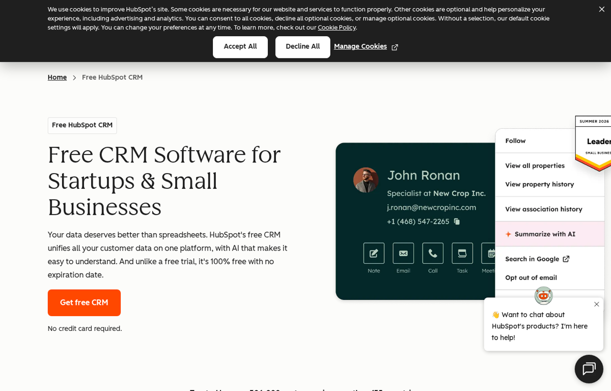The HubSpot website showing the free CRM