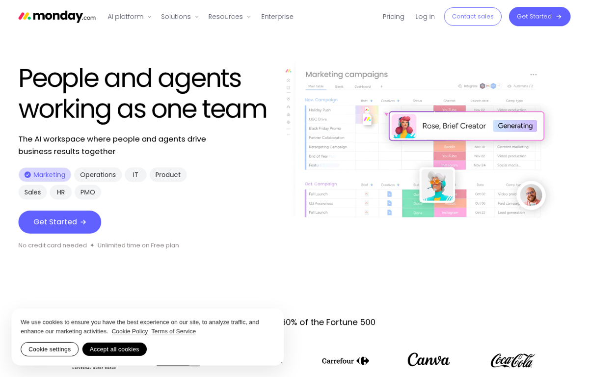 The monday.com website showing a project board