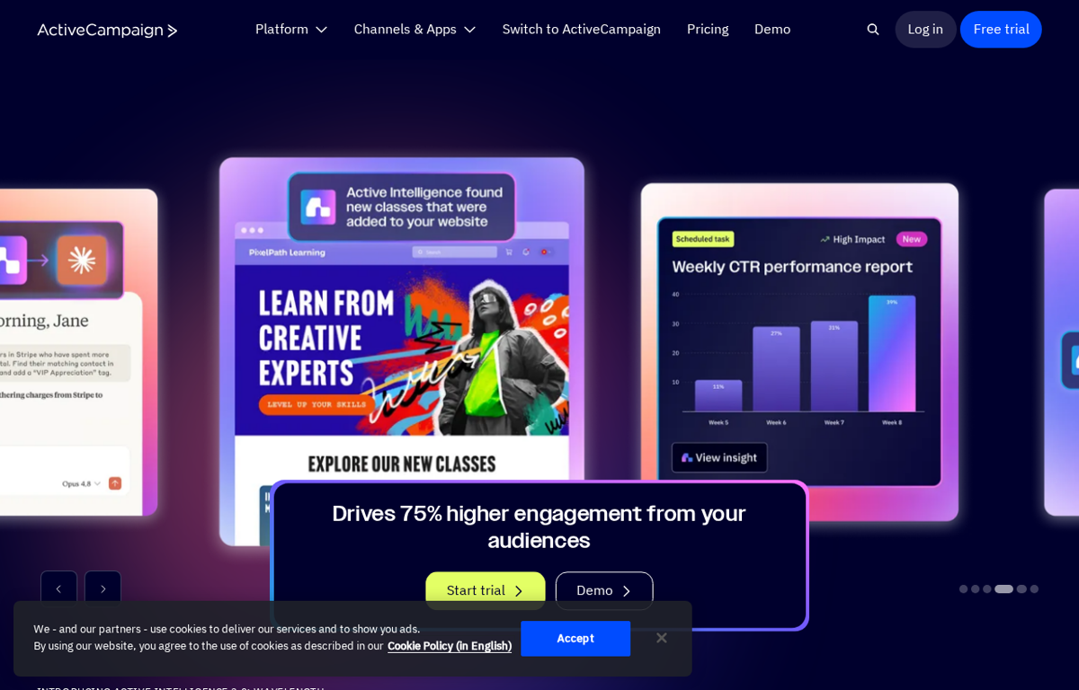The ActiveCampaign website showing its marketing automation platform