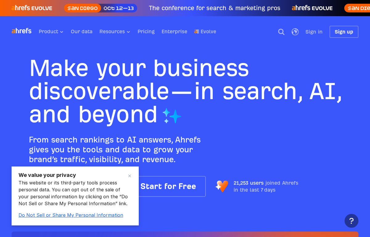 The Ahrefs website showing its search marketing platform