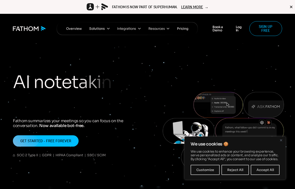 The Fathom website showing the AI meeting notetaker