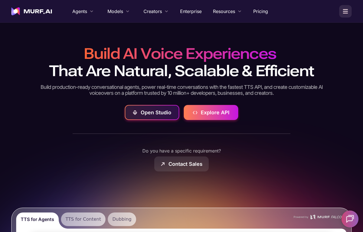 The Murf AI website showing its text to speech platform