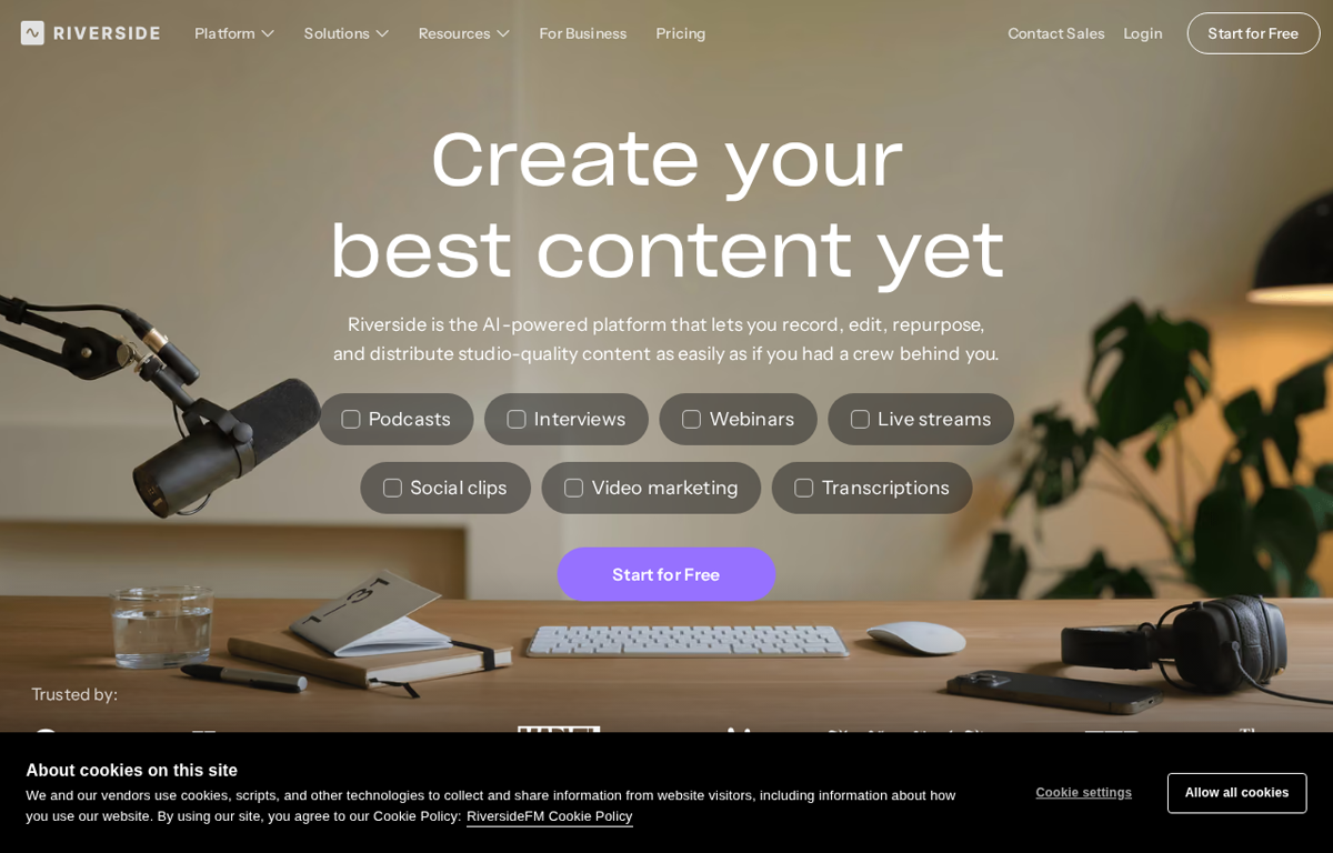 The Riverside website showing its recording and editing platform