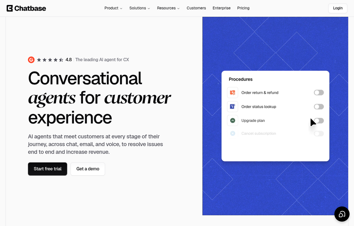 The Chatbase website showing its AI customer experience agents