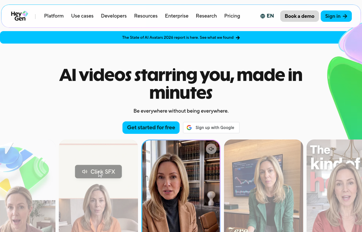 The HeyGen website showing its AI video platform