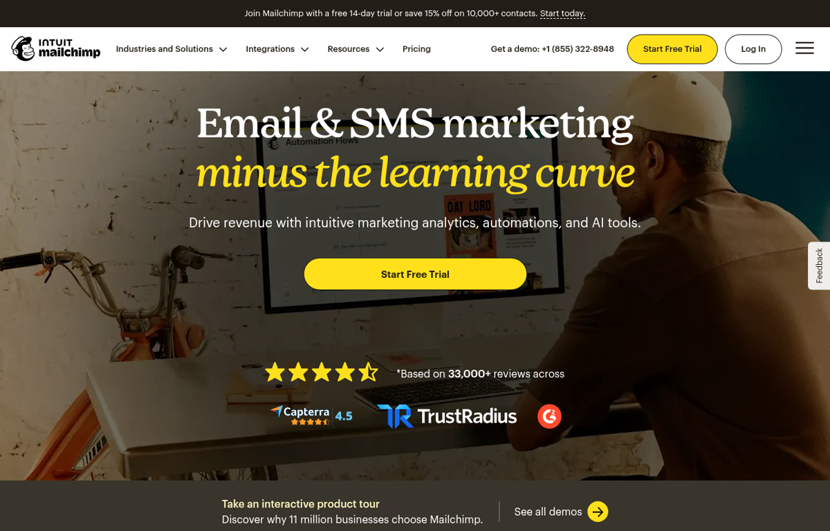 The Mailchimp website showing its email and SMS marketing platform