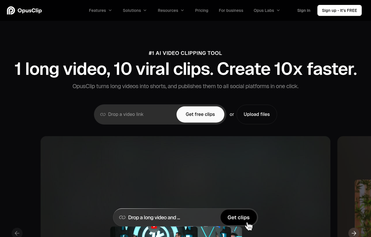 The OpusClip website showing its AI video clipping tool