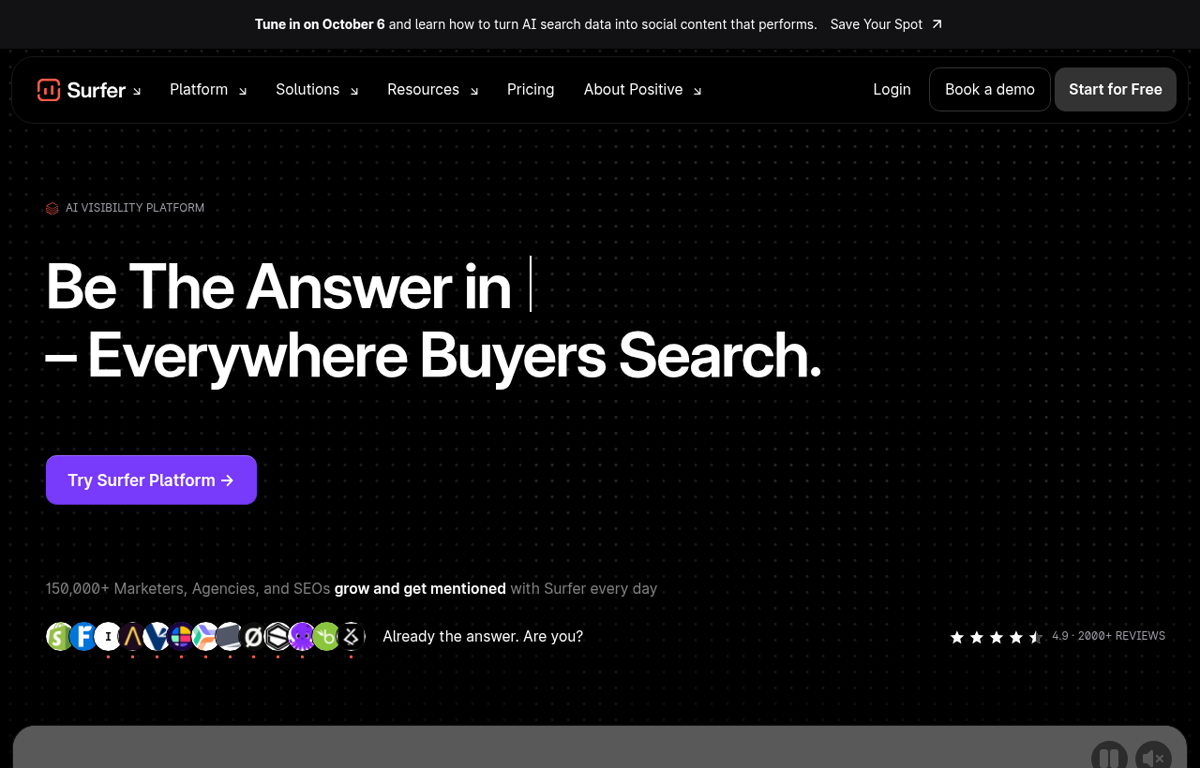 The Surfer website showing its AI visibility platform