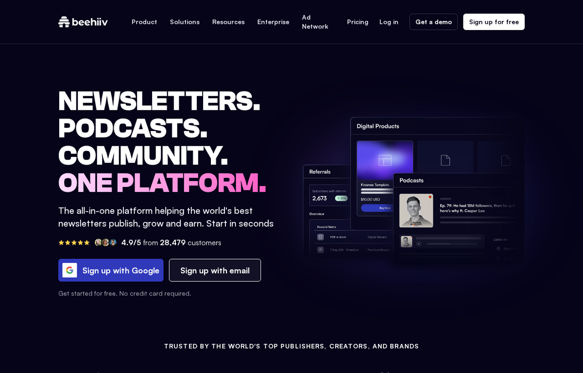 The beehiiv website showing its newsletter platform