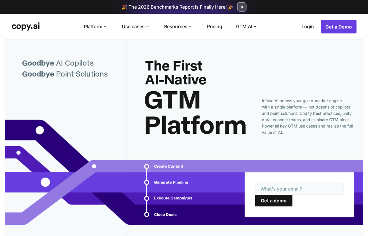 The Copy.ai website showing its AI go to market platform