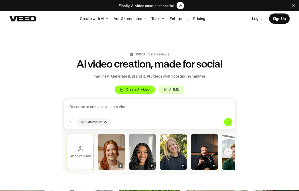 The VEED website showing its AI video editor
