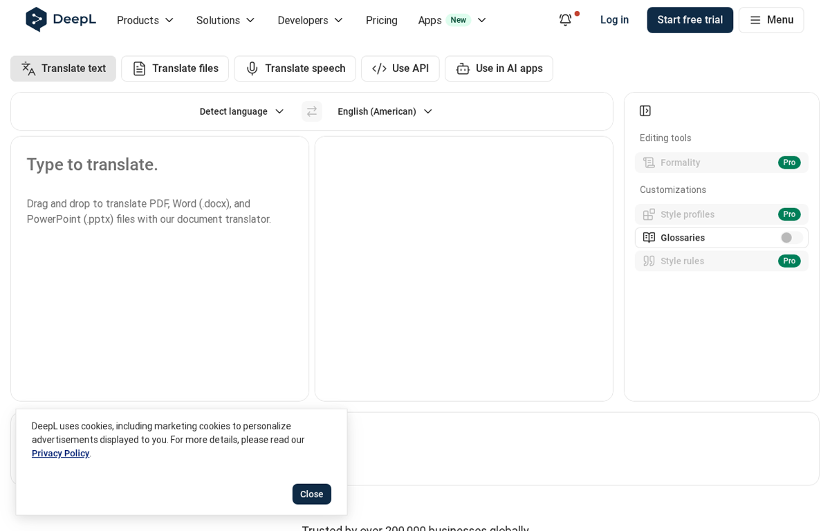 The DeepL website showing its translator