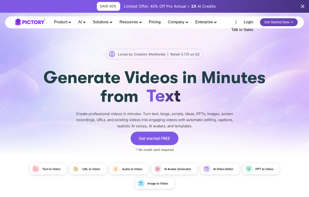 The Pictory website showing its AI video tool