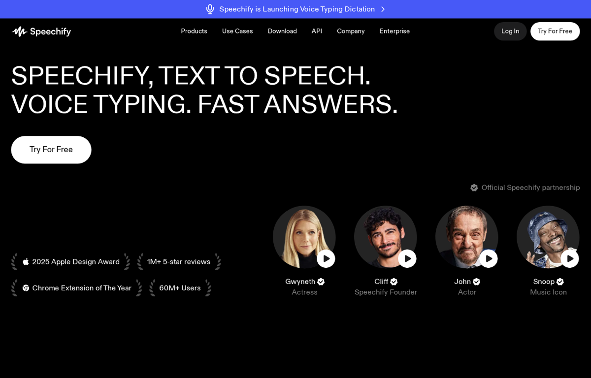 The Speechify website showing its text to speech product
