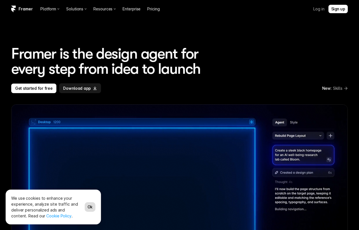 The Framer website showing its design agent on the canvas