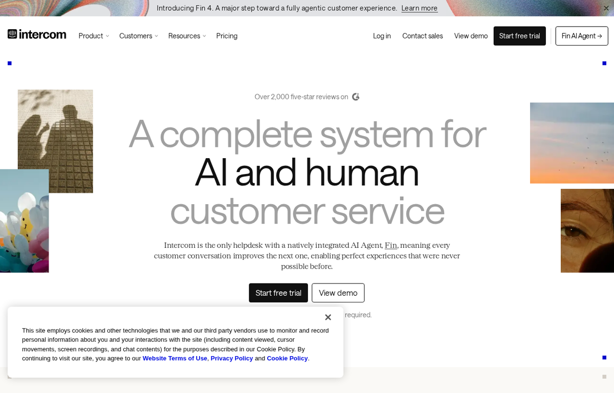 The Intercom website showing its customer service platform