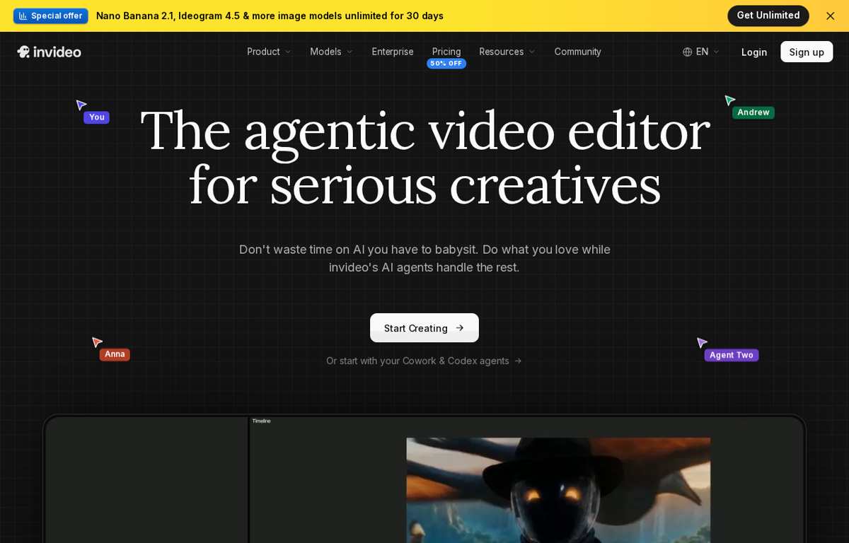 The invideo website showing its agentic video editor