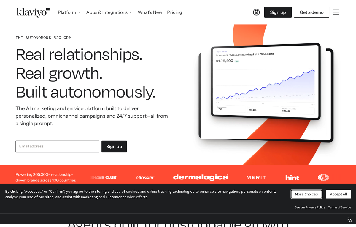 The Klaviyo website showing its marketing and service platform