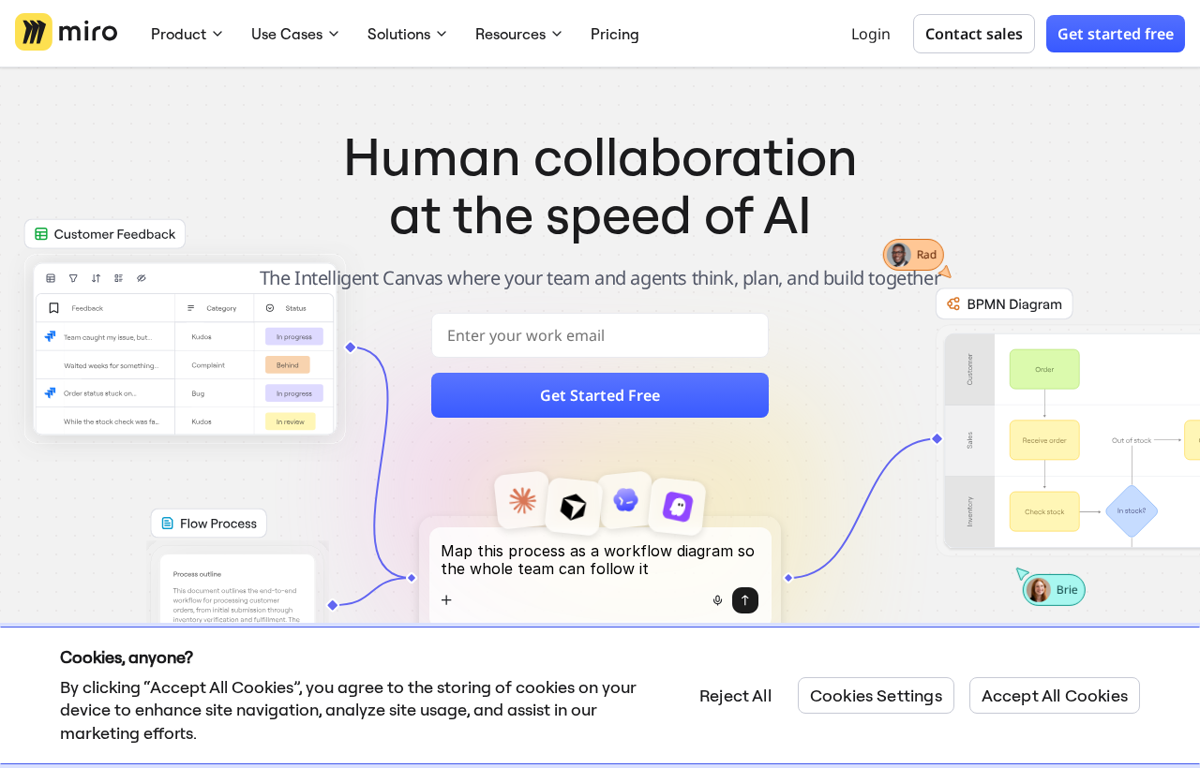 The Miro website showing its collaborative canvas