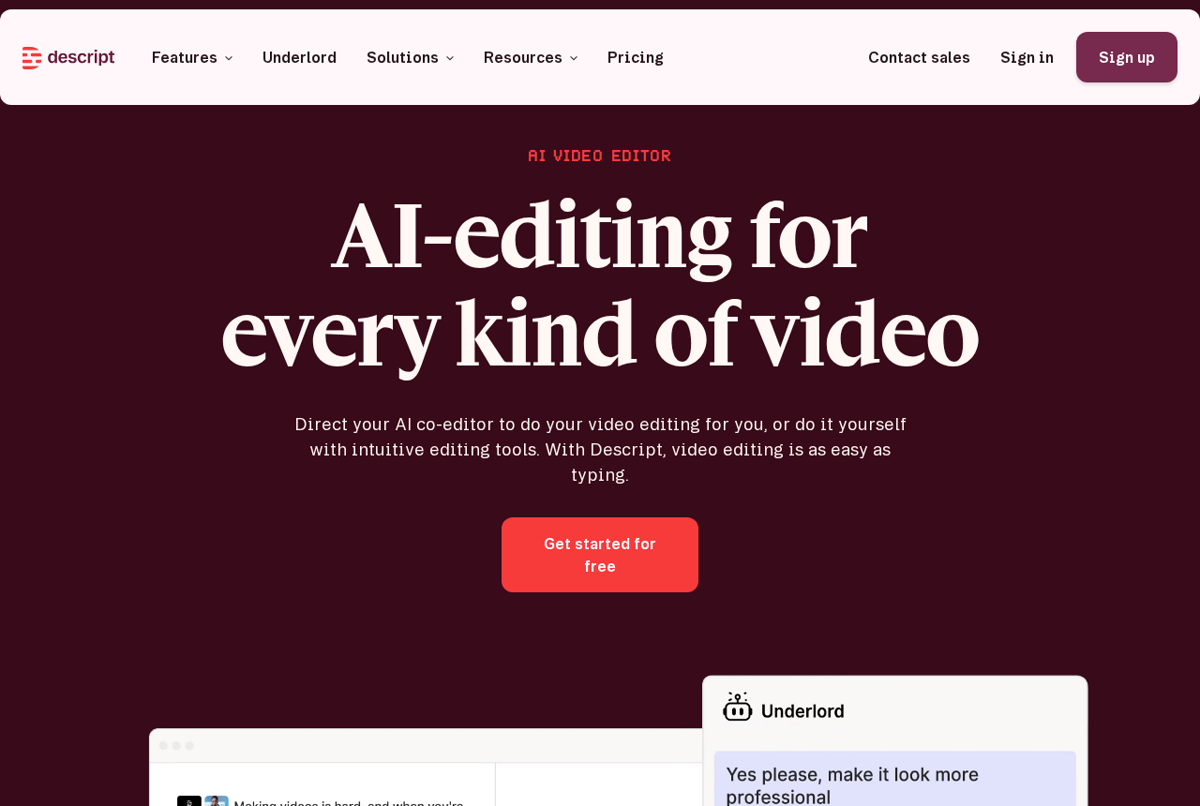 The Descript website showing AI video editing from a transcript