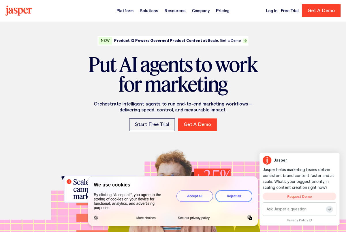 The Jasper website showing its AI marketing agent platform