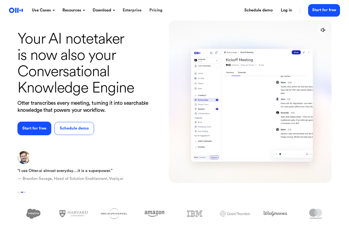 The Otter.ai website showing a meeting transcript and its summary