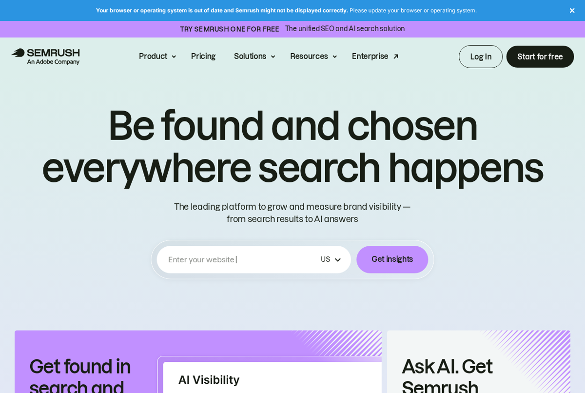 The Semrush website showing its SEO and AI visibility platform