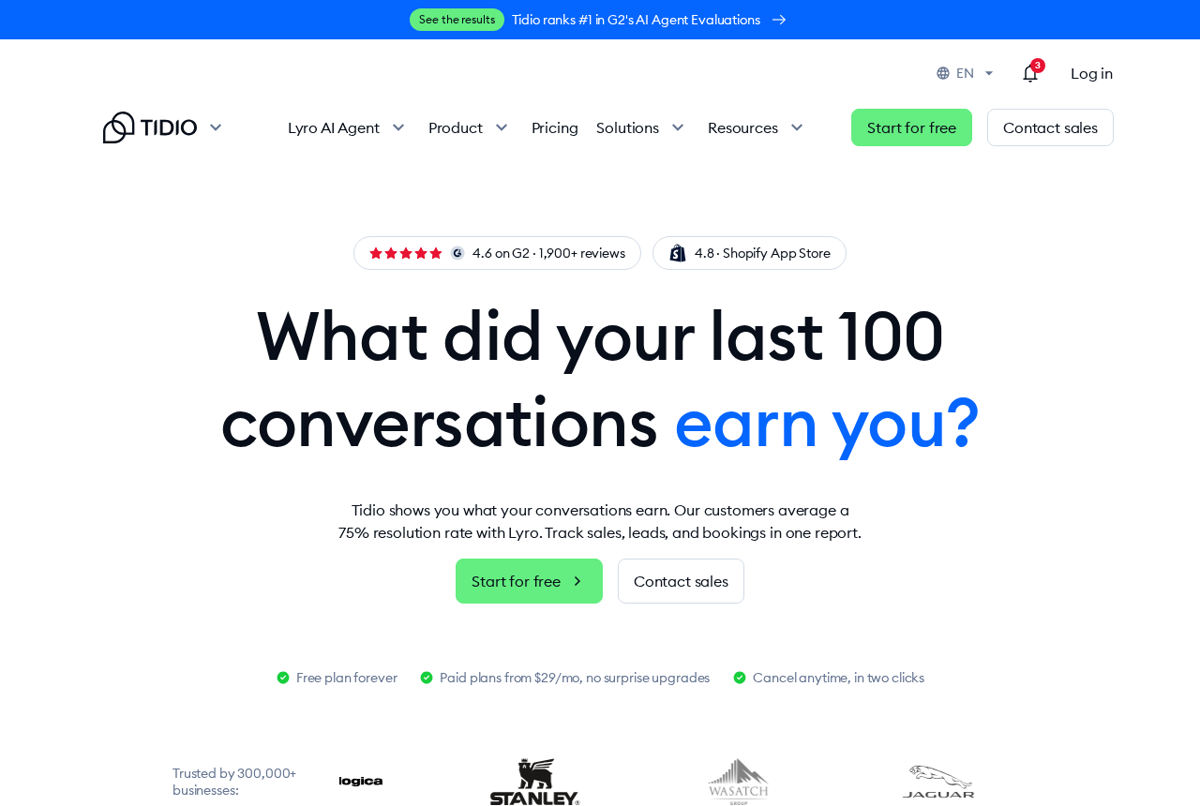The Tidio website showing its AI customer service agent