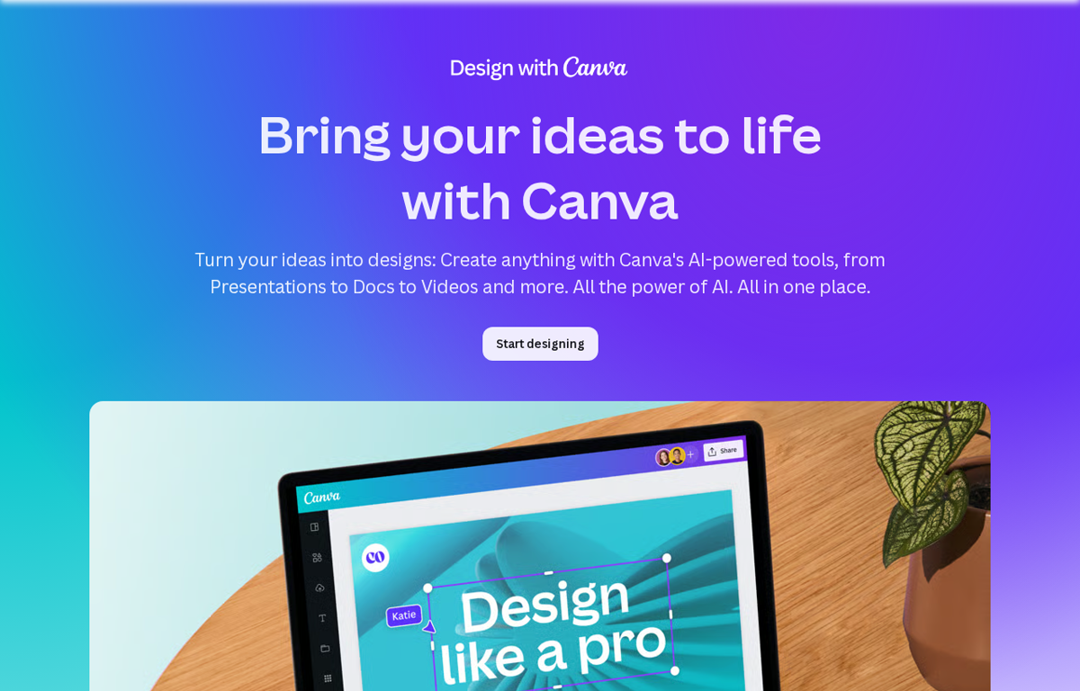 The Canva website showing its AI powered design tools