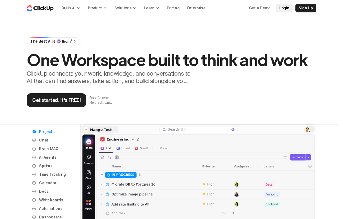 The ClickUp website showing its workspace for tasks and AI agents
